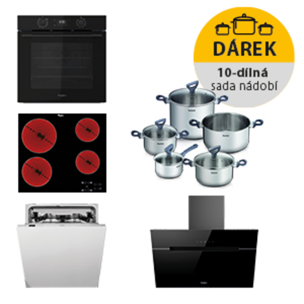 Akční set spotřebičů Whirlpool trouba OMK58CU1SB + varná deska AKT8090NE + digestoř WHVP62FLTSK + myčka WIC3C26F Whirlpool