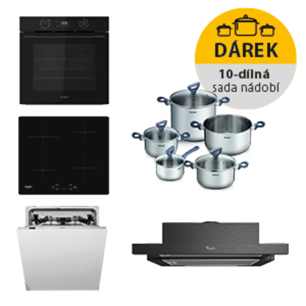 Akční set spotřebičů Whirlpool trouba OMK58CU1SB + indukční deska WSQ7360NE + myčka WIC3C26F + digestoř AKR7491NB Whirlpool